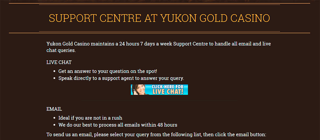 Yukon Gold Casino Canada support