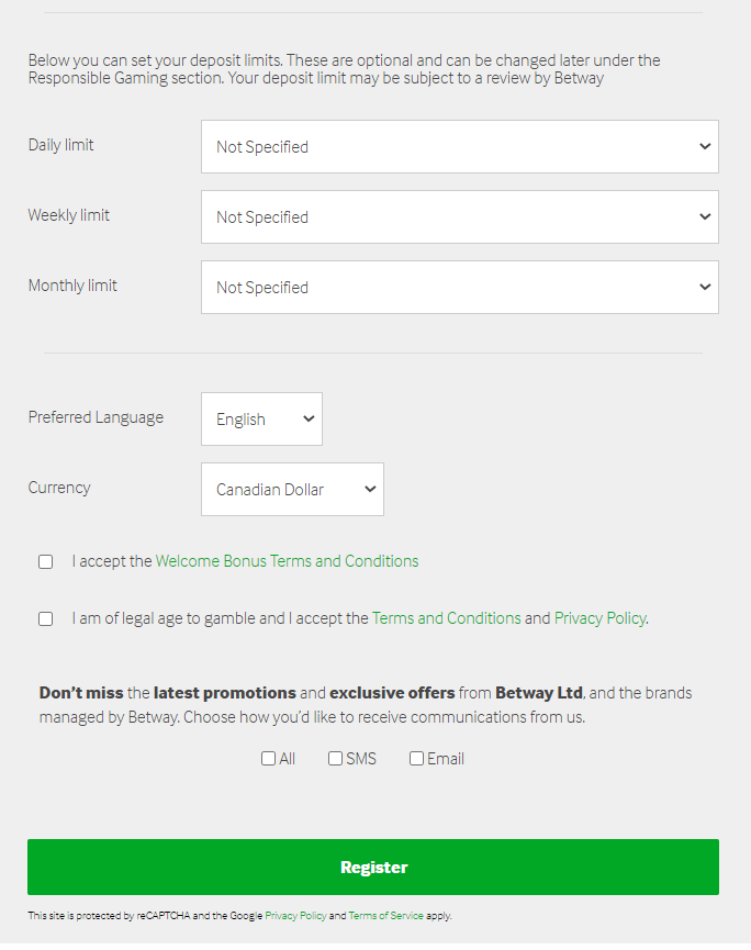 betway canada finish register form